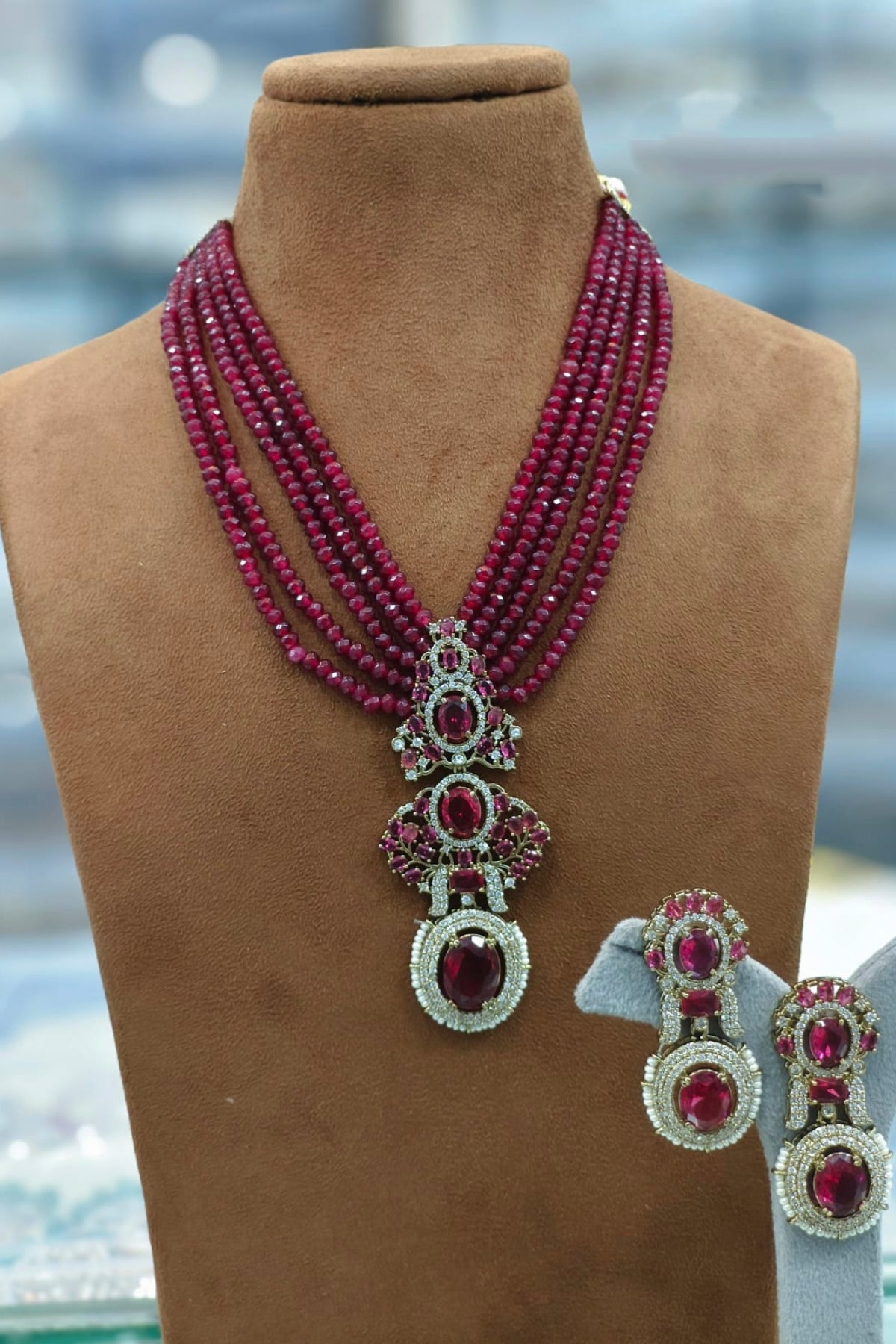 Ruby Red Multilayer Necklace & Drop Earrings Set