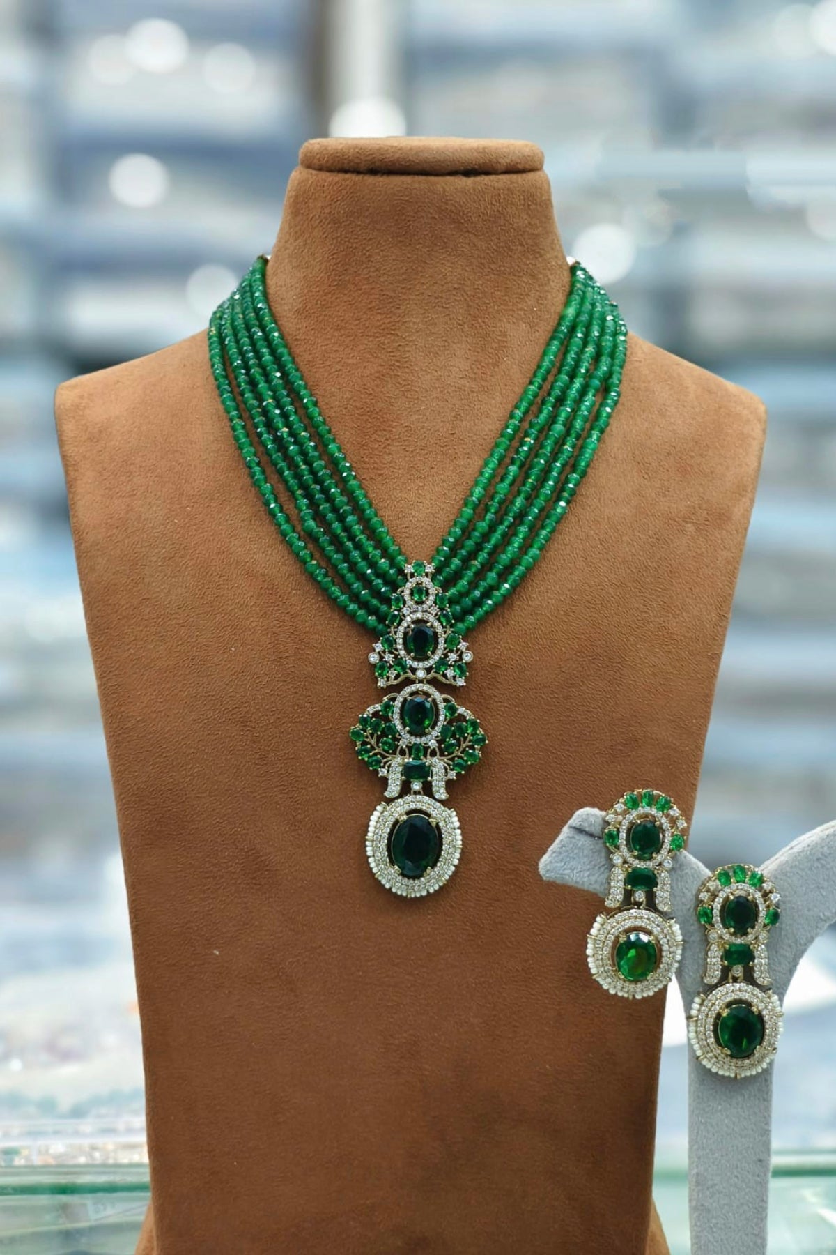Emerald Green Stone Necklace & Statement Earrings