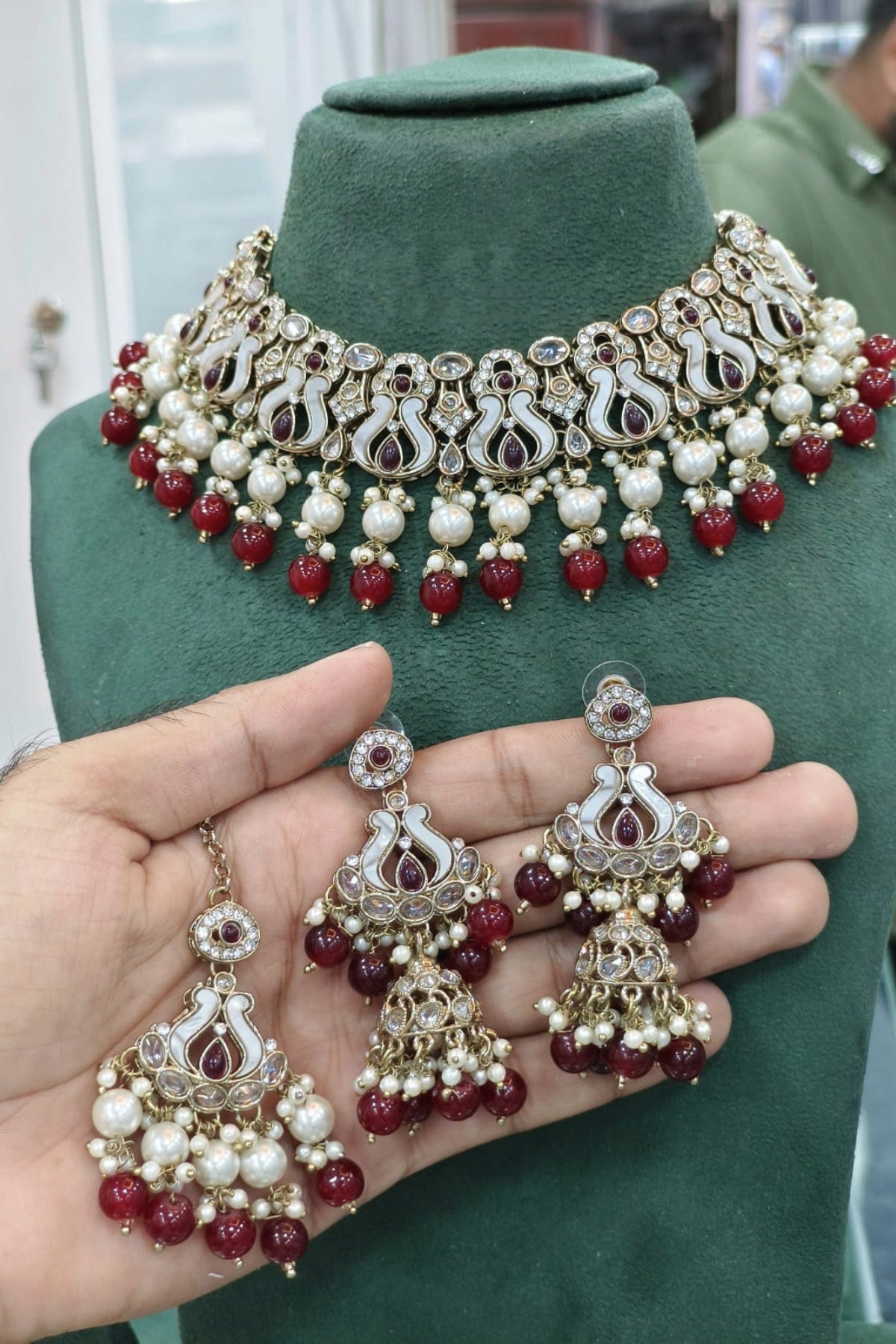 Gold Finish Kundan Choker Set with Ruby & Pearl Drops