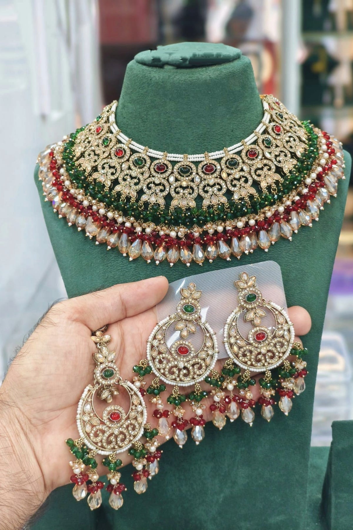 Bridal Kundan Choker Set with Green & Red Beads