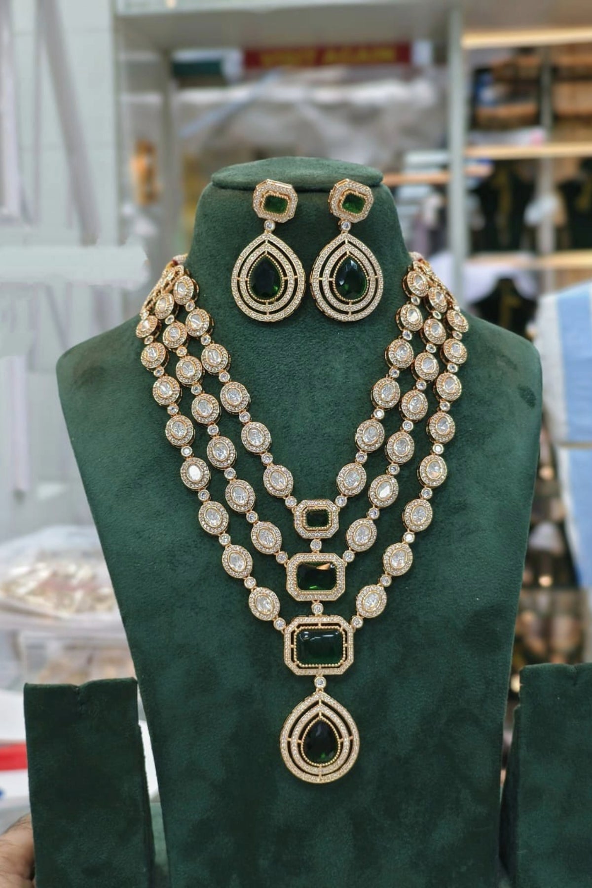 Emerald Green & Kundan Layered Necklace Set
