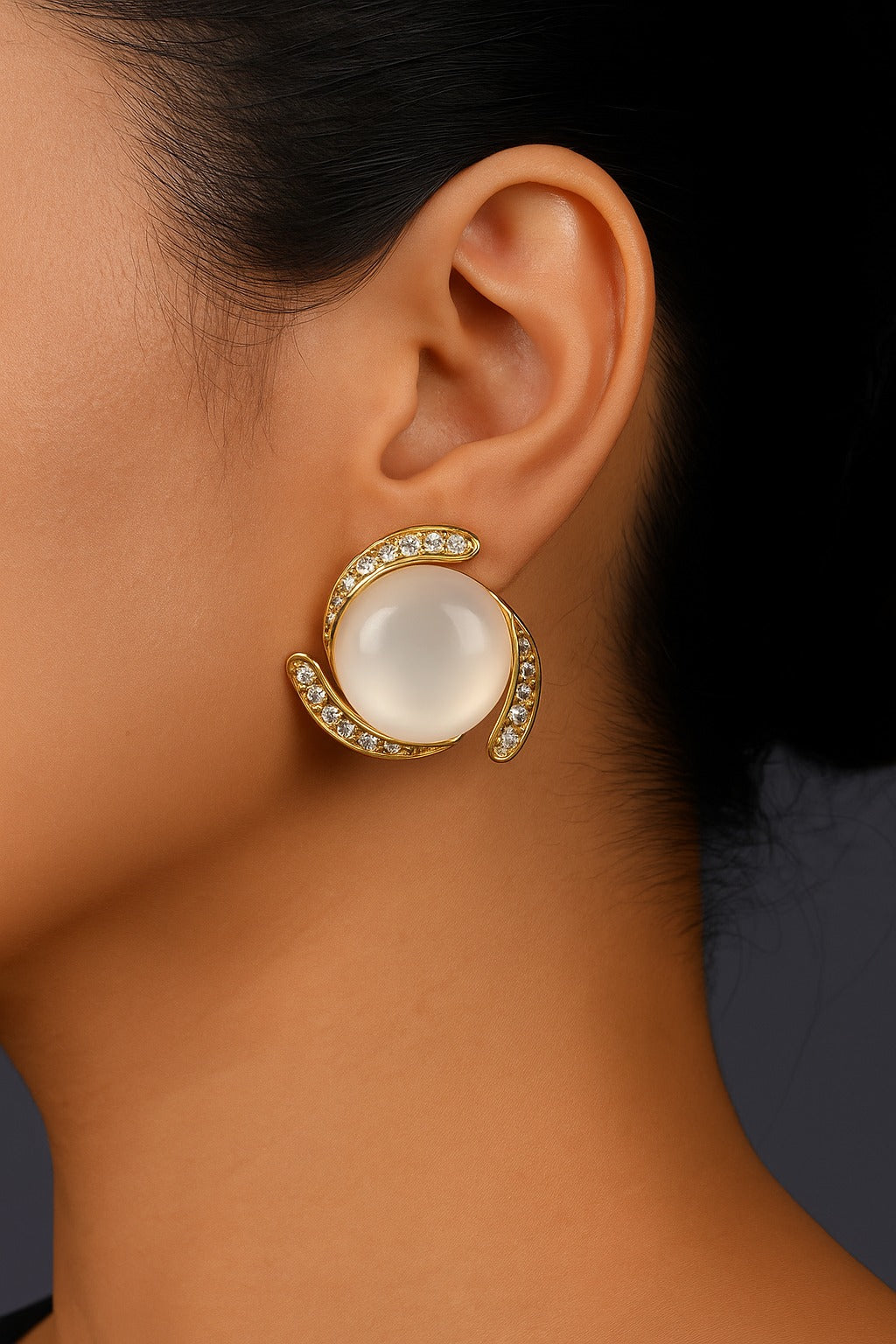 White Pearl Stud Earrings with Gold Crystals