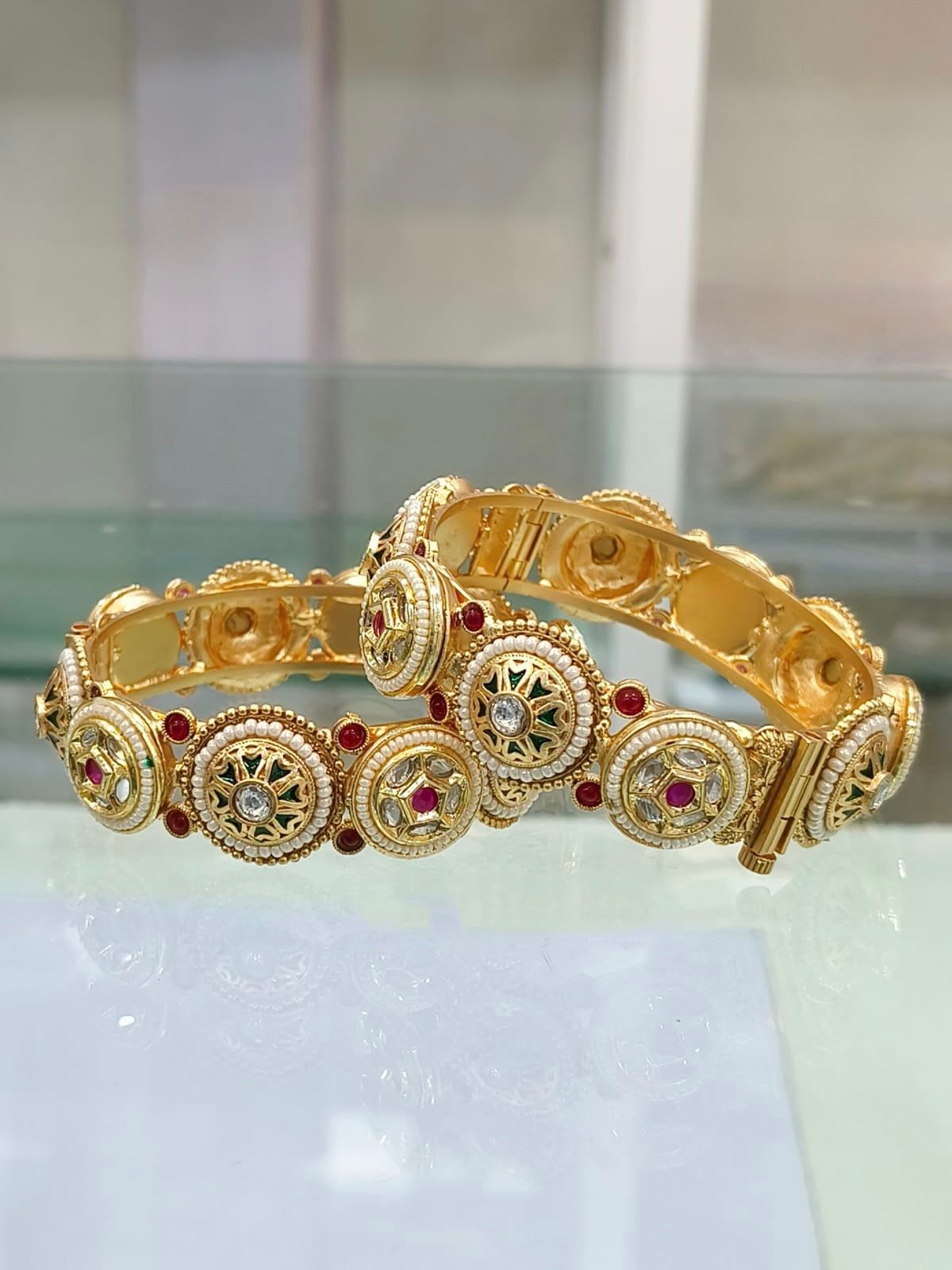 Gold-Plated Bangles with Pearl, Ruby, and Kundan Design