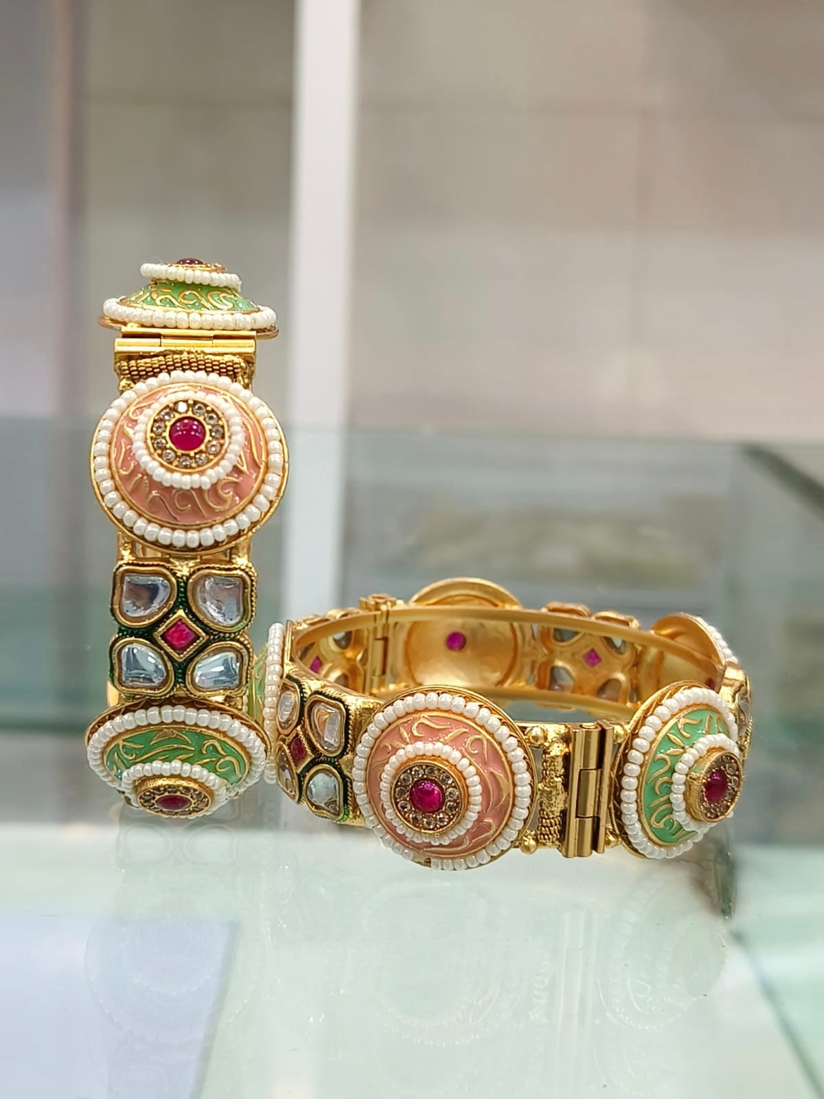 Designer Gold Bangles with Pearl, Enamel, and Kundan Accents