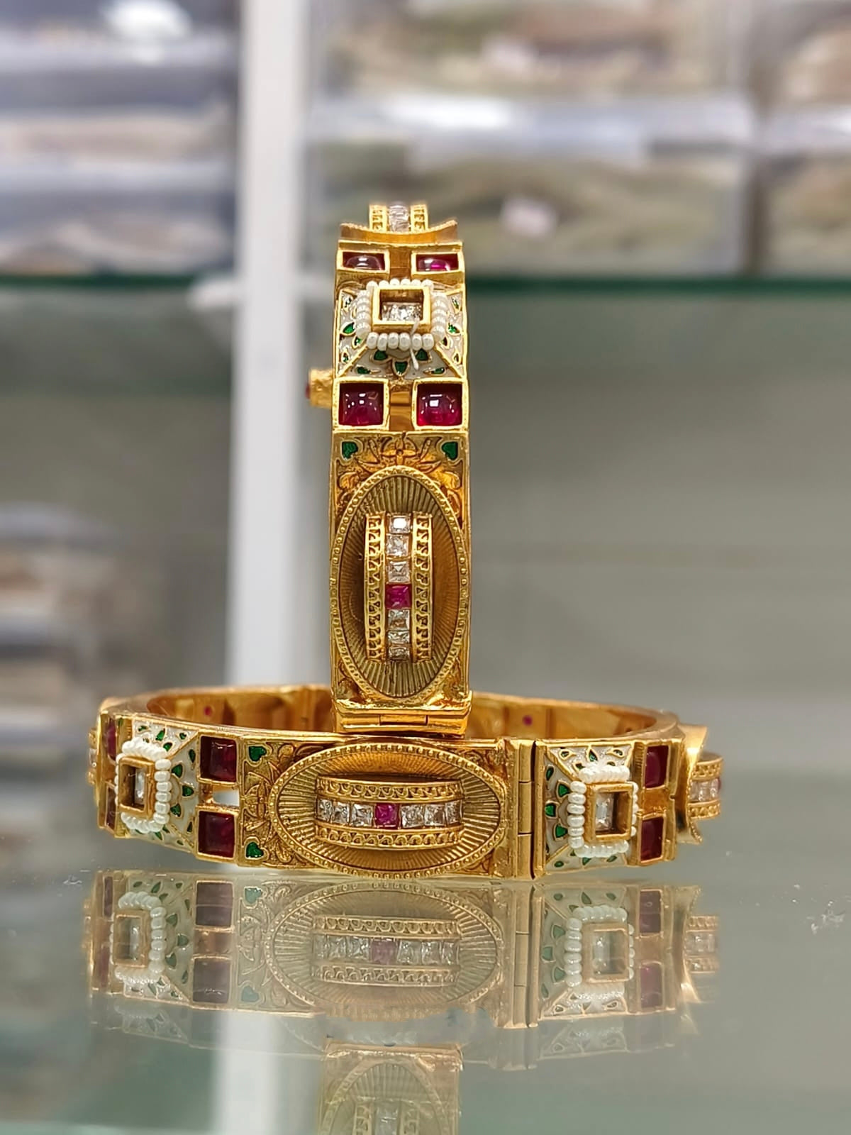 Gold-Plated Bangles with Ruby and Pearl Detailing