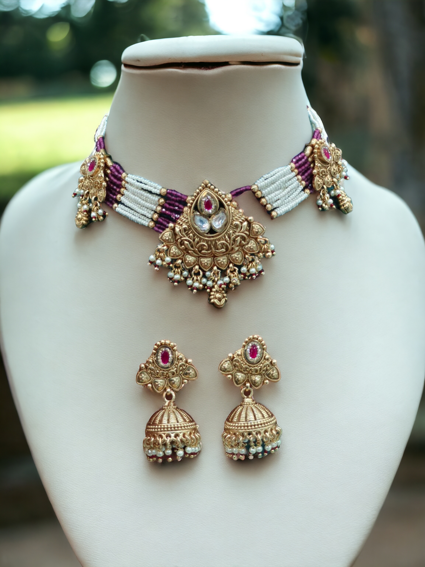 Traditional Gold Necklace Set with Pearl & Jhumka