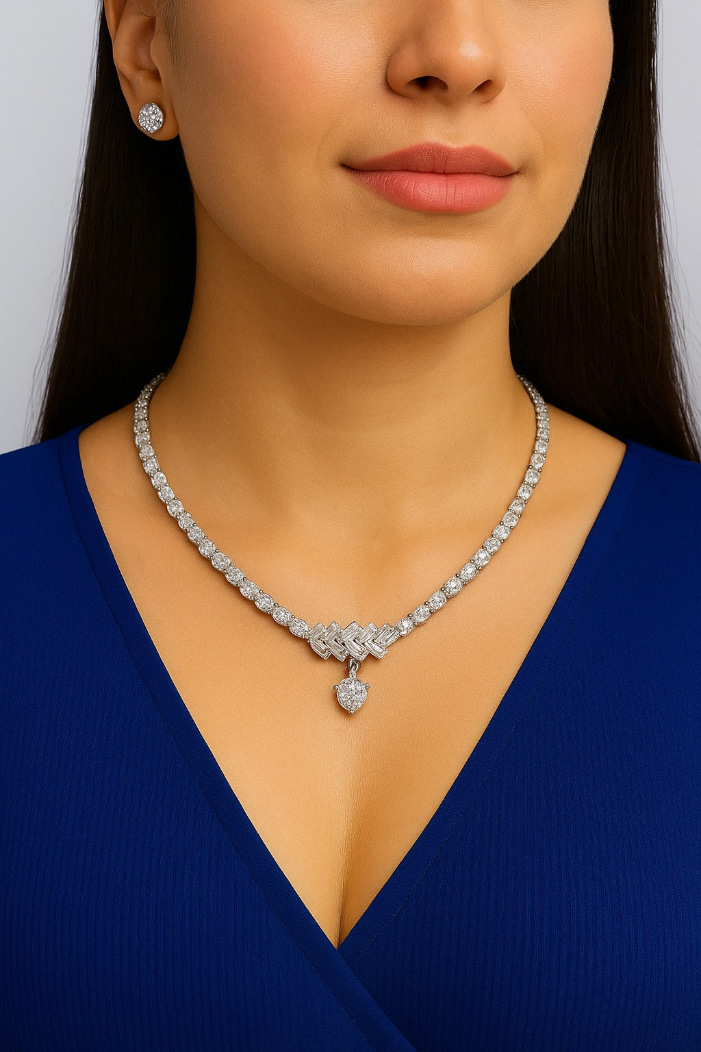 Elegant Diamond Necklace with Matching Stud Earrings