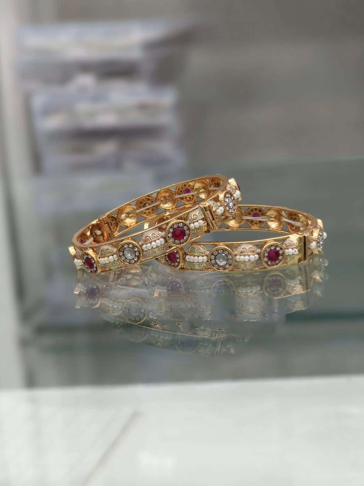 Gold-Plated Bangles with Pink Kemp, CZ, and White Stones