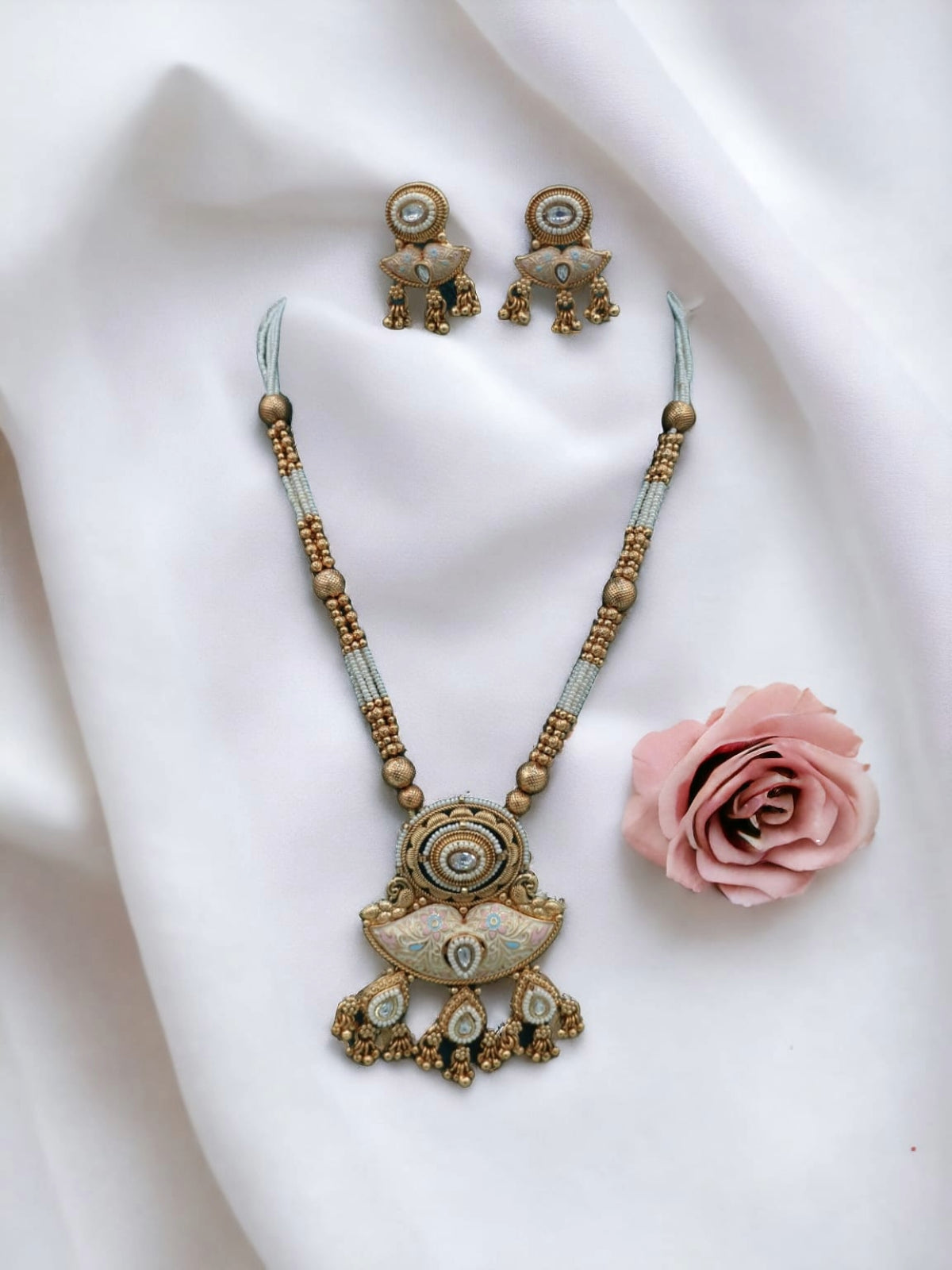 Pastel Meenakari Pendant Necklace with Matching Earrings