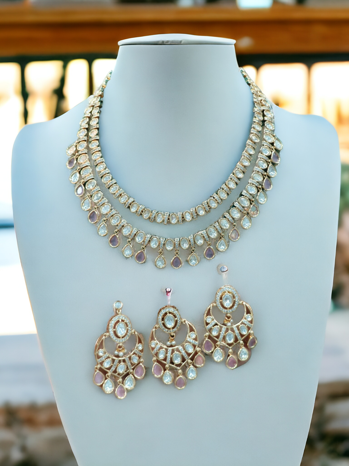 Gold Polki Necklace Set with Earrings & Pink Accents