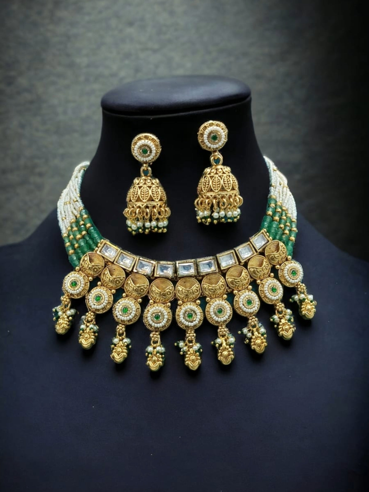 Gold Necklace with Green Accents & Matching Jhumka Earrings