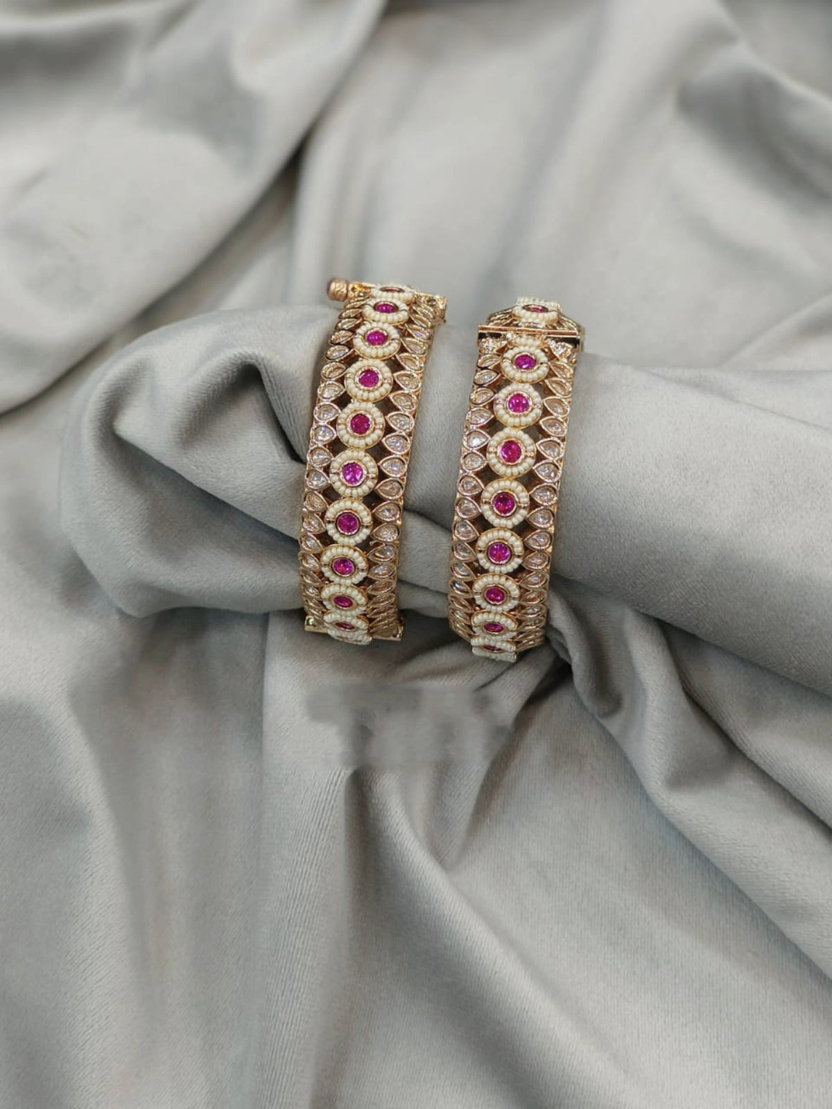 Exquisite Gold-Plated Bangles with Ruby and Pearl Accents