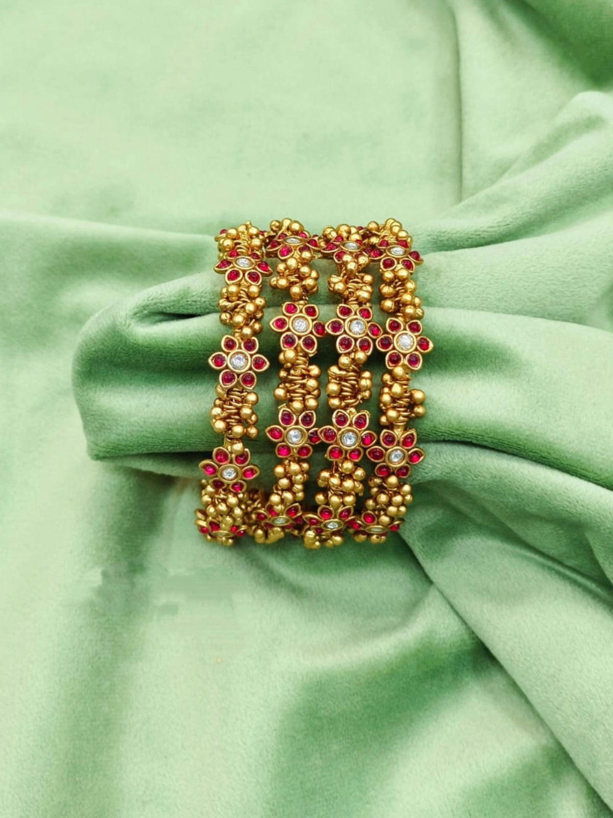 Exquisite Gold Floral Bangles with Ruby and Diamond Accents