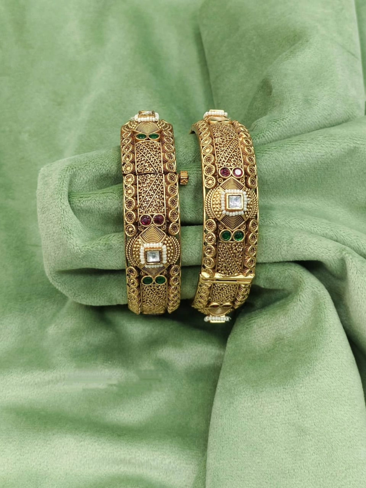 Traditional Antique Gold Bangles with Green and Ruby Accents
