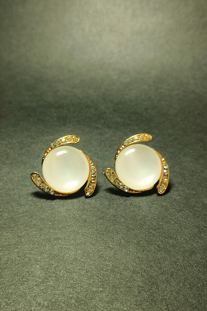 White Pearl Stud Earrings with Gold Crystals