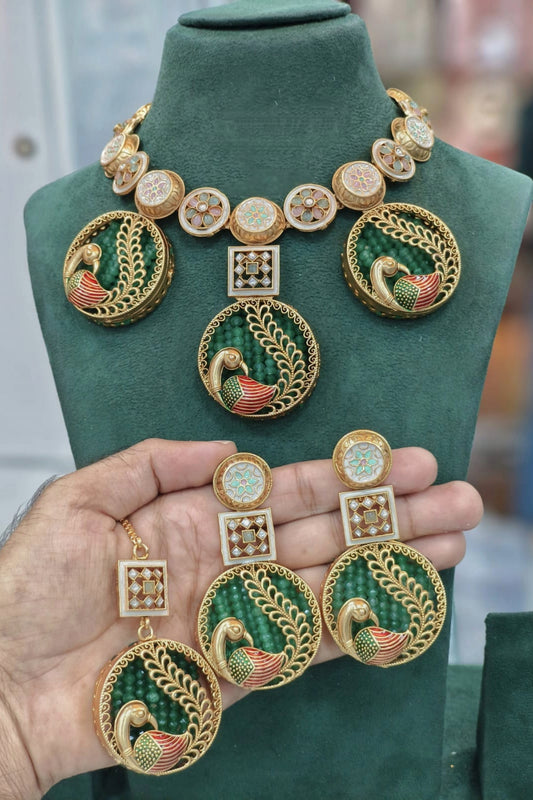 Peacock Motif Meenakari Necklace Set with Green Beads