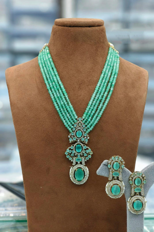 Mint Green Beaded Necklace with Stonework Earrings