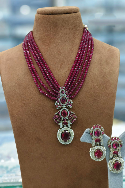 Ruby Red Multilayer Necklace & Drop Earrings Set