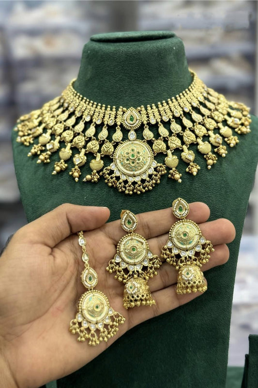 Antique Gold Choker Set with Jhumkas & Maang Tikka