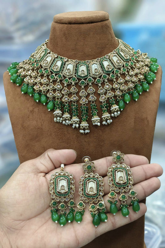 Grand Kundan Choker Set with Emerald Green Beads