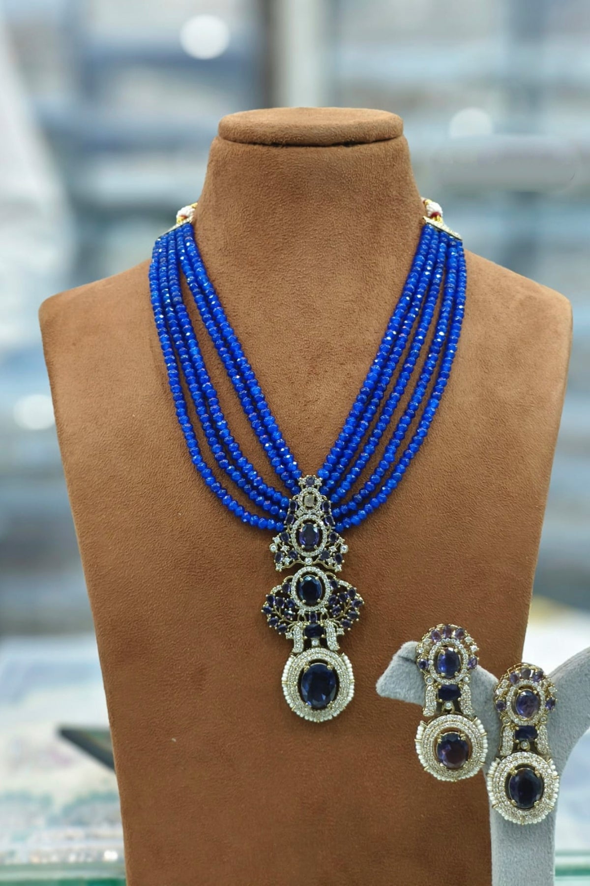 Royal Blue Beaded Necklace with Matching Earrings