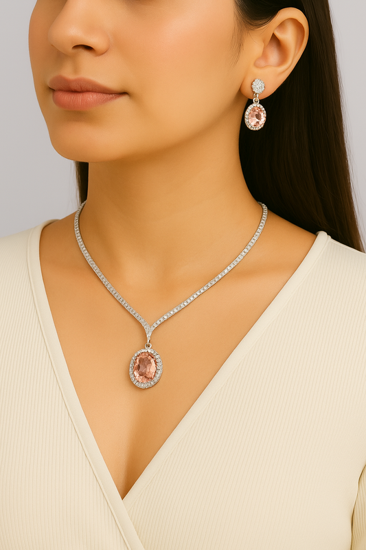 Elegant Pink Gemstone Necklace Set with Drop Earrings