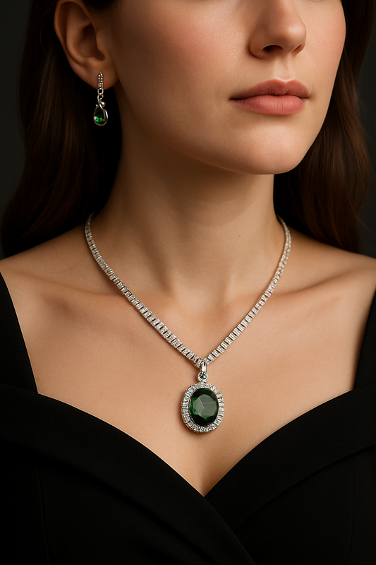 Green Emerald Pendant Necklace & Earrings Set