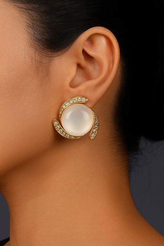 White Pearl Stud Earrings with Gold Crystals
