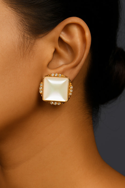 Square Pearl Stud Earrings with Crystal Frame