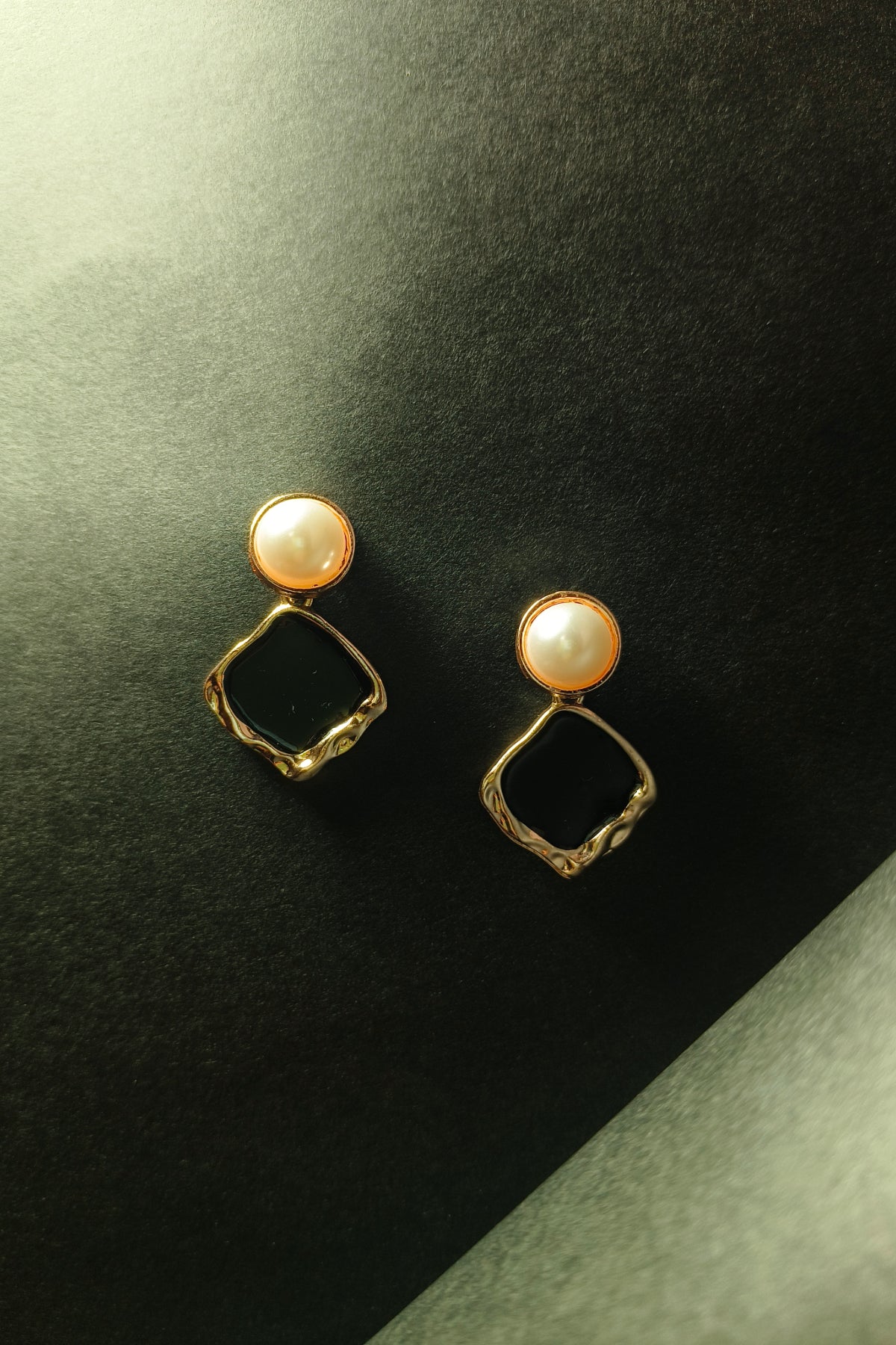 Pearl and Gold Abstract Square Drop Earrings