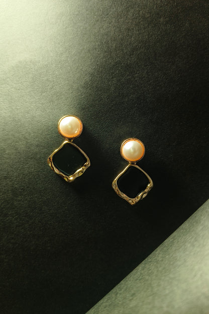 Pearl and Gold Abstract Square Drop Earrings