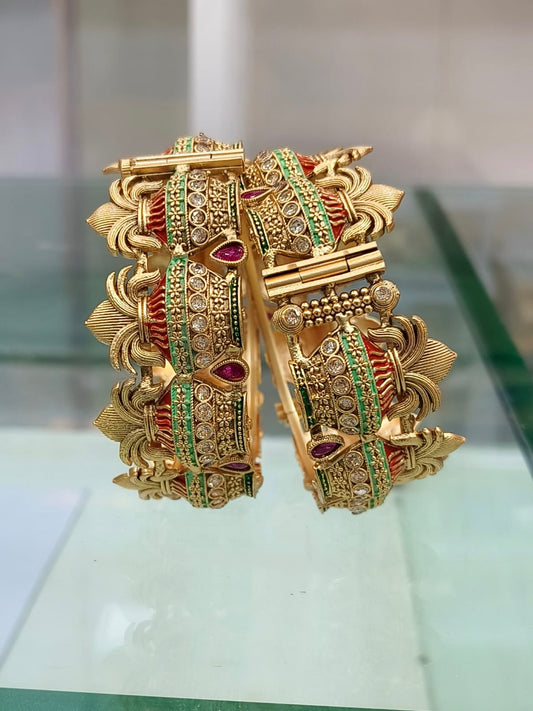Gold-Plated Kalash Rajwadi Bangles with Polki Stones