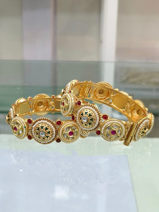 Gold-Plated Bangles with Pearl, Ruby, and Kundan Design