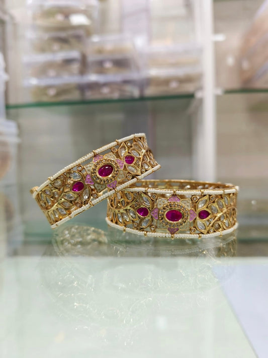 Gold-Plated Bangles with Ruby and Kundan Stones