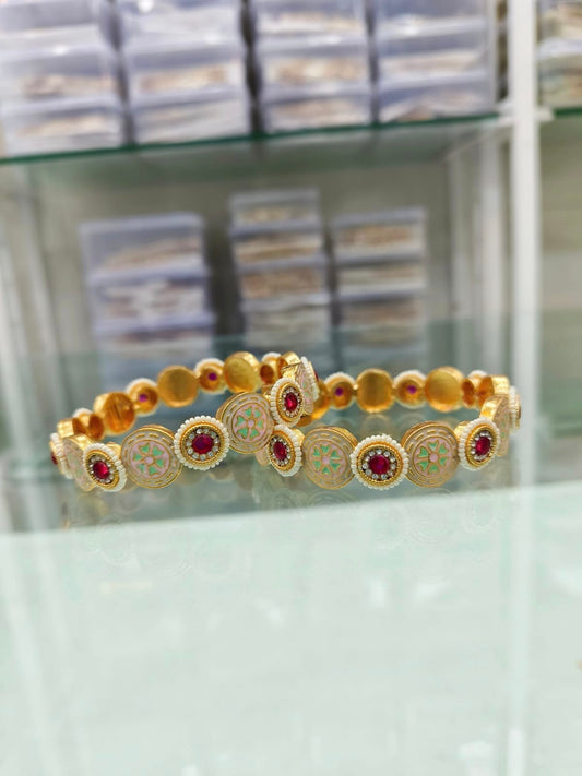 Gold Bangles with Ruby and Green Enamel Accents