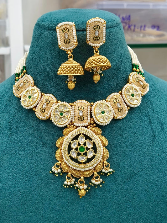 Gold-Plated Necklace Set with Kundan, Pearl, and Green Stones
