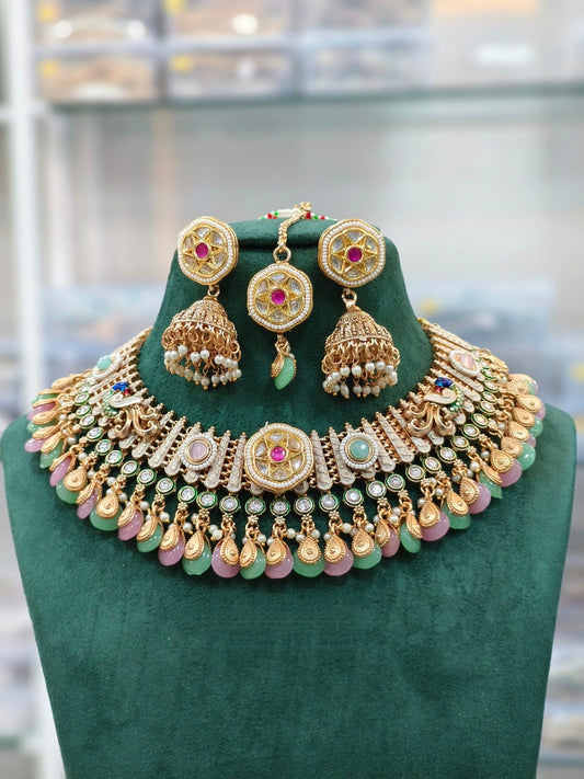 Gold-Plated Choker Set with Jhumkas and Gem Accents