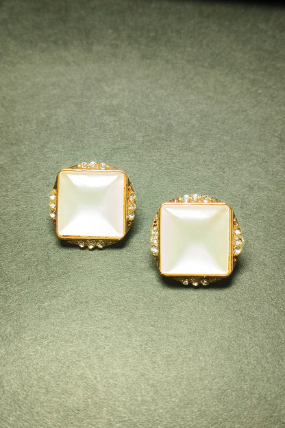 Square Pearl Stud Earrings with Crystal Frame