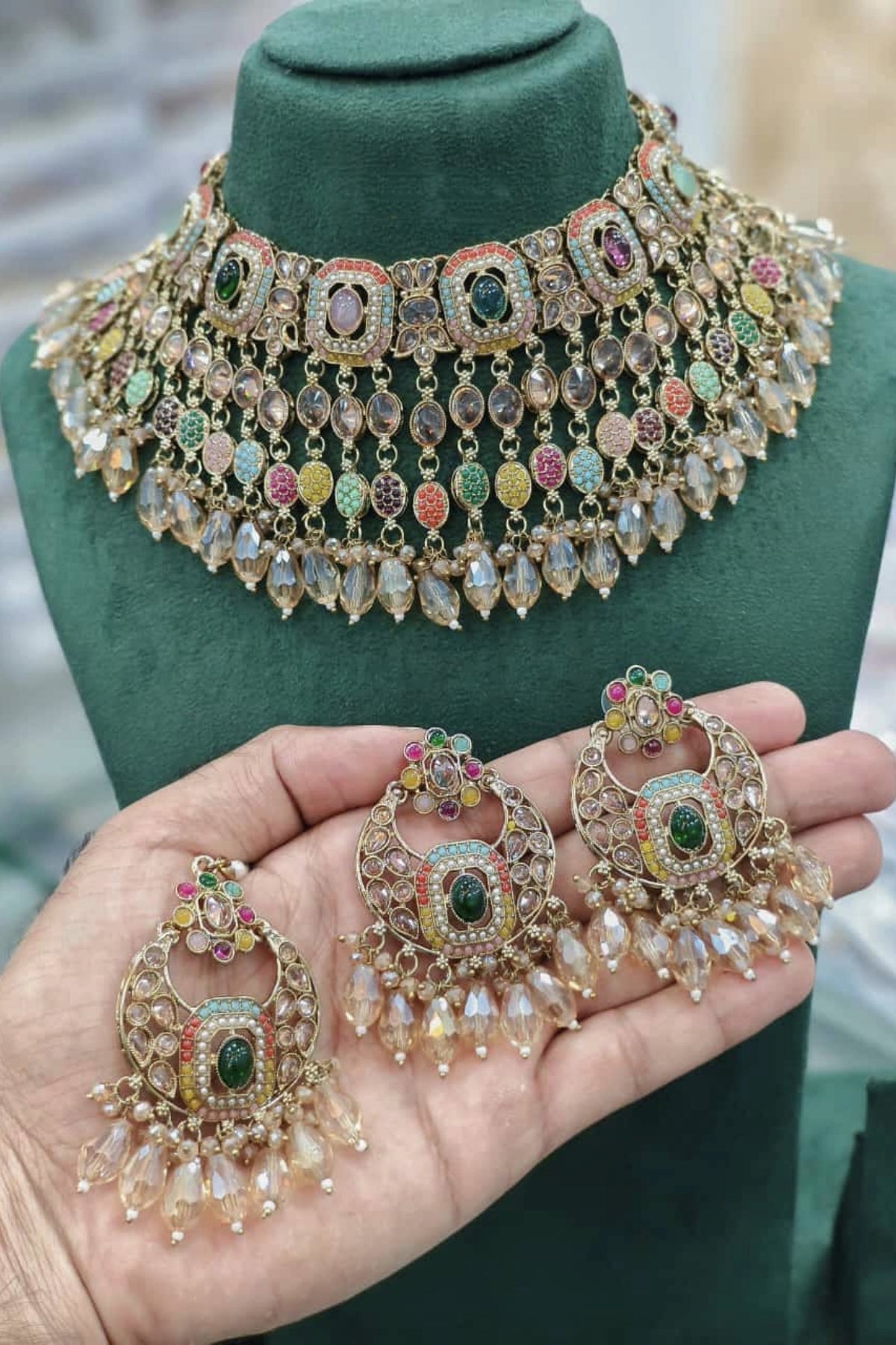 Multi-coloured Polki and Crystal Choker Necklace Set