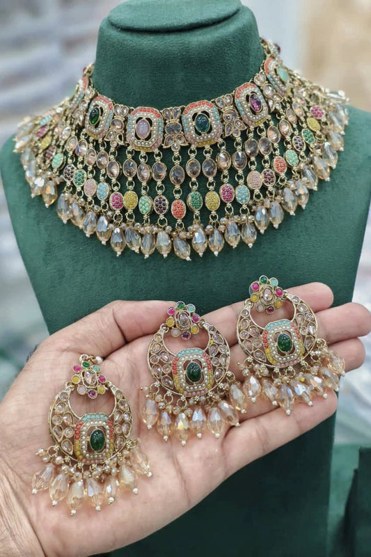 Multi-coloured Polki and Crystal Choker Necklace Set