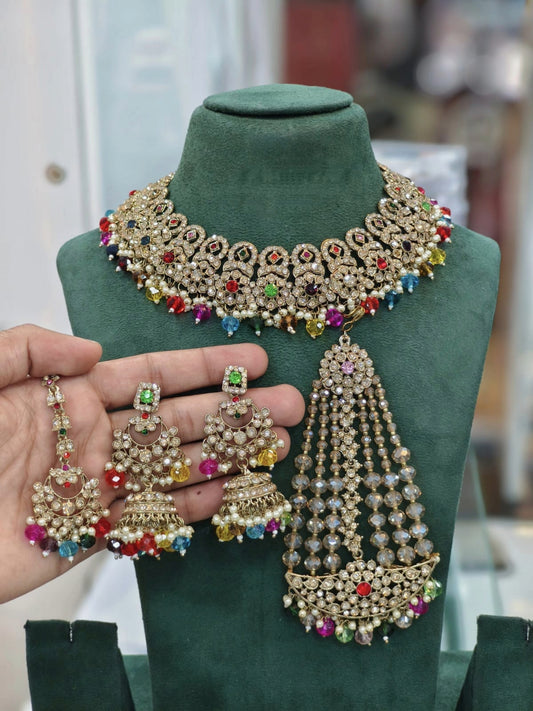 Multicolor Kundan Choker Set with Jhumkas & Maang Tikka