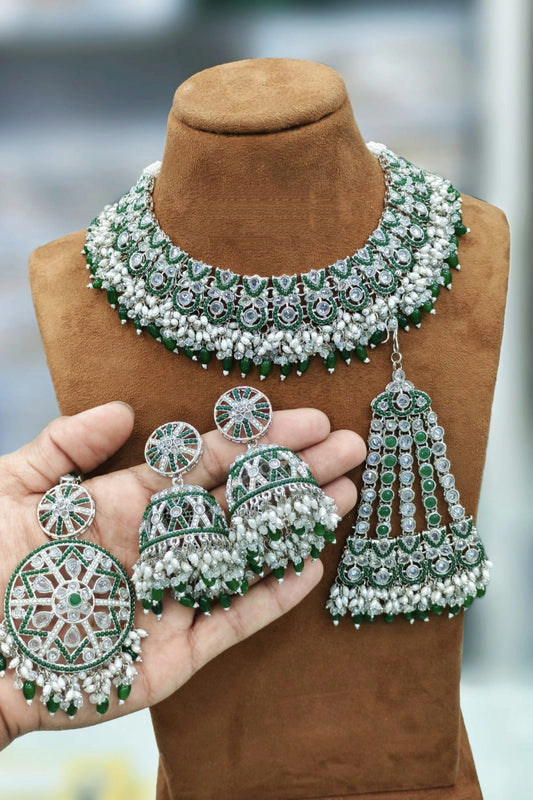 Silver Finish Kundan Choker Set with Green & Pearl Detailing
