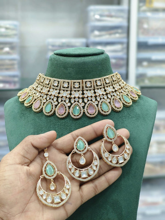 Regal Polki Choker Necklace Set with Earrings and Maang Tika