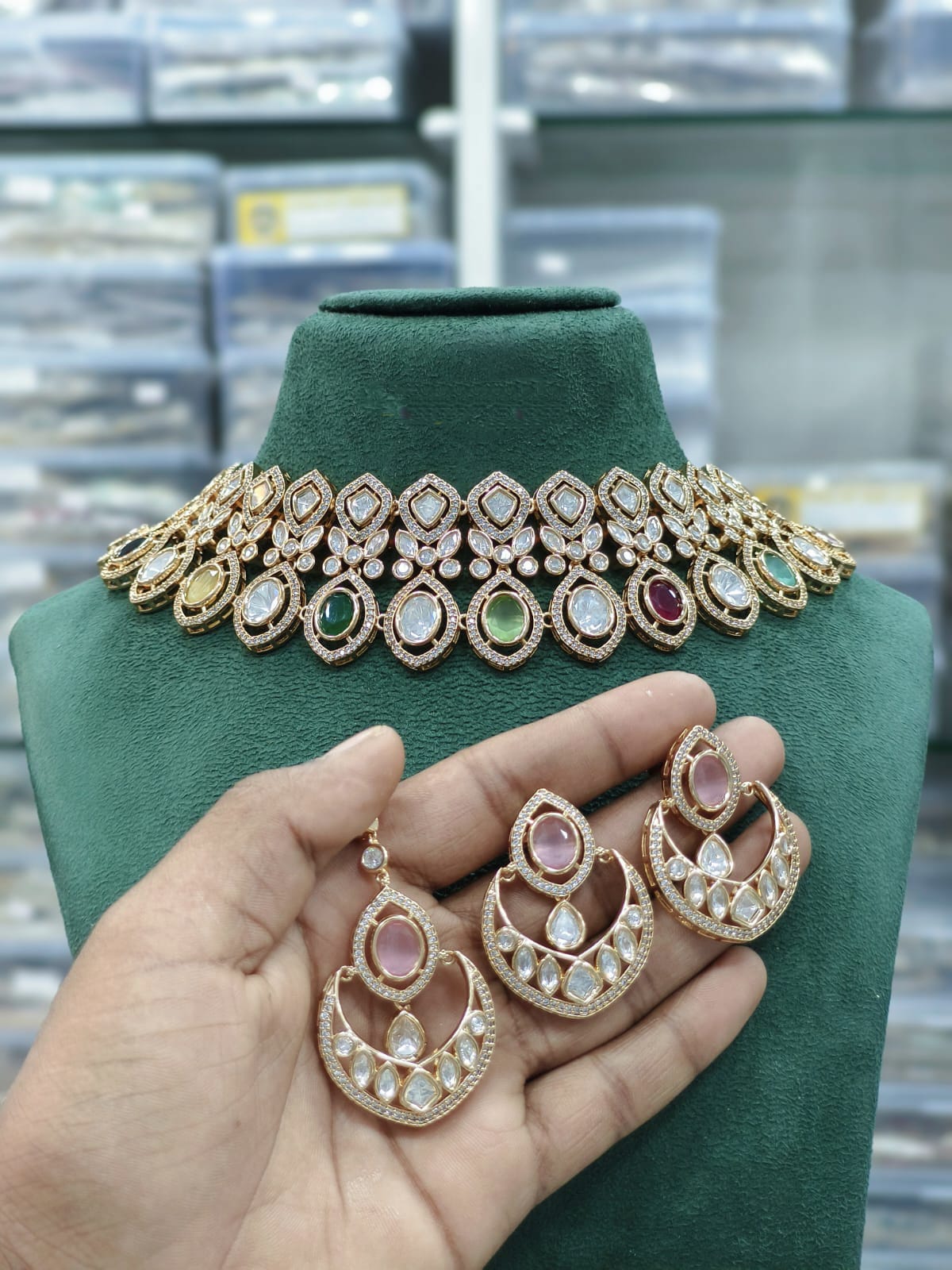 Kundan Choker Necklace Set in Gold Plated with Multi-Stone Accents