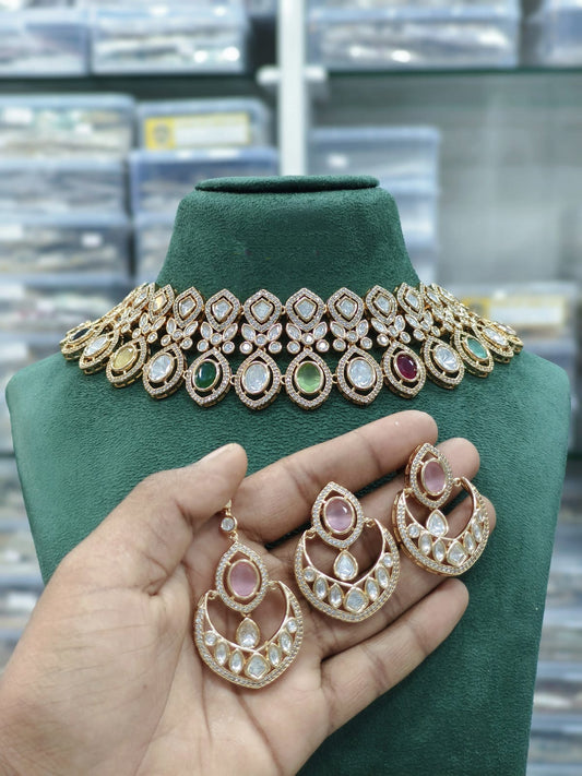 Kundan Choker Necklace Set in Gold Plated with Multi-Stone Accents