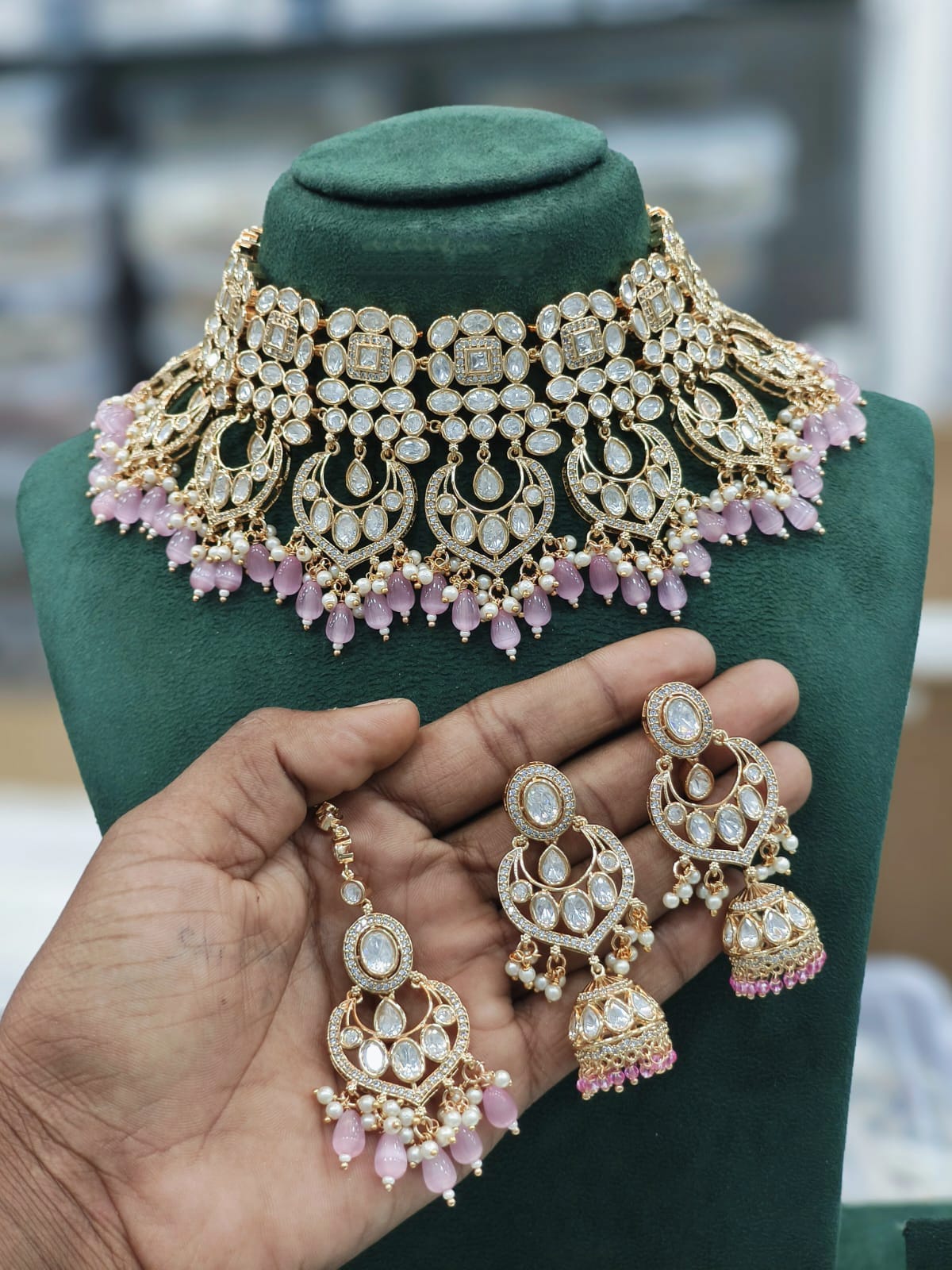 Kundan Necklace Set with Light Pink Earrings and Beads