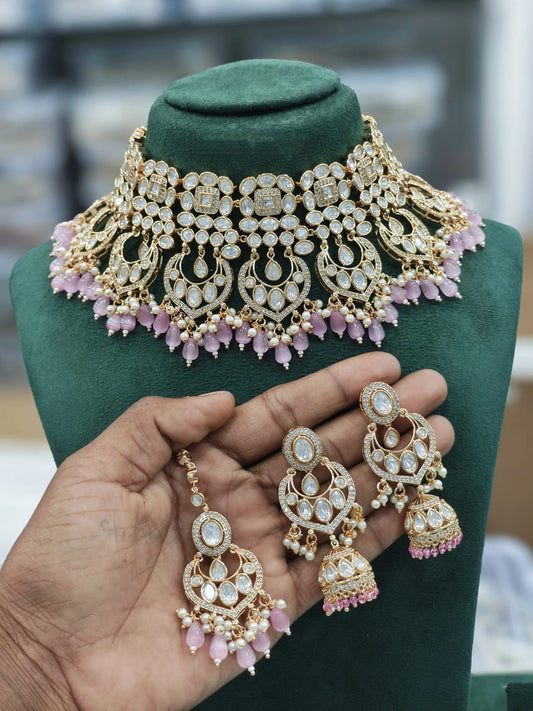 Kundan Necklace Set with Light Pink Earrings and Beads