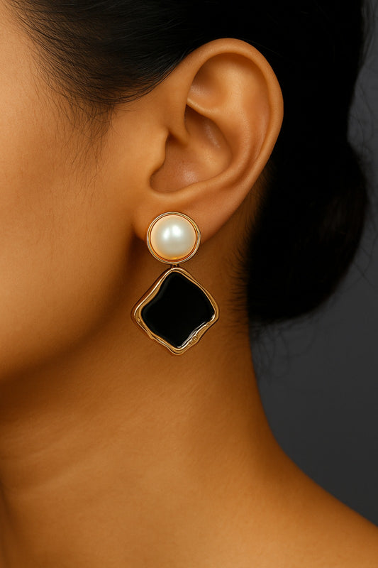 Pearl and Gold Abstract Square Drop Earrings