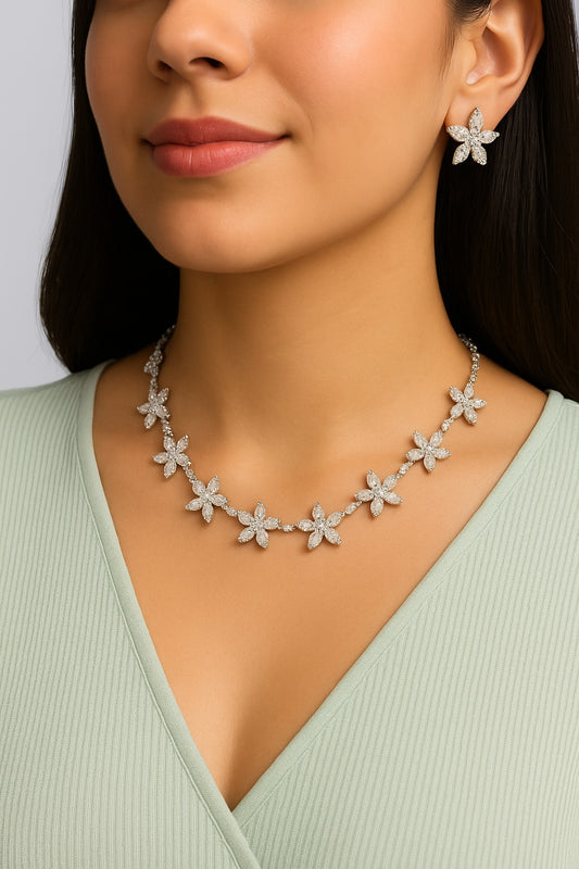 Delicate Floral Necklace with Matching Stud Earrings