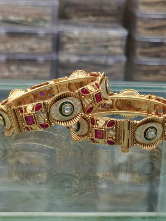 Gold-Plated Kundan Bangles with Ruby and Meenakari
